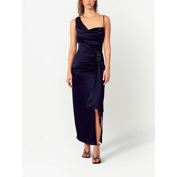 NICHOLAS Senda Asymmetric Gown in Midnight 0 New Womens Satin navy Long Dress - Picture 13 of 13